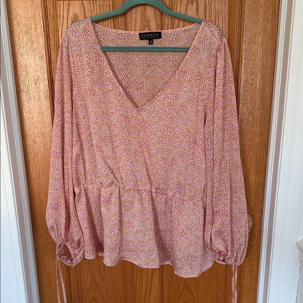 V-Neck Peplum Blouse with Bow Tie Cuffs